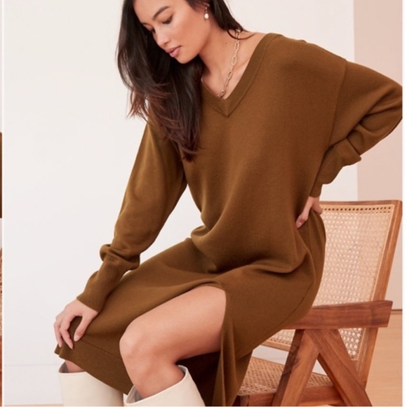 Wilfred Dresses & Skirts - Aritzia Wilfred Cyprie V-Neck Merino Wool Midi Sweater Dress Brown size XSmall
